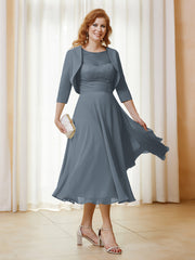 Robe de A-ligne en Mousseline et Dentelle à Col Illusion Longueur de Mollet Bleu de Schiste