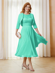 Robe de A-ligne en Mousseline et Dentelle à Col Illusion Longueur de Mollet Spa