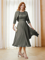 Robe de A-ligne en Mousseline et Dentelle à Col Illusion Longueur de Mollet Gris Acier