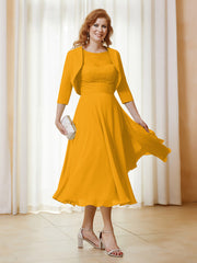 Robe de A-ligne en Mousseline et Dentelle à Col Illusion Longueur de Mollet Mandarine