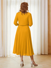Robe de A-ligne en Mousseline et Dentelle à Col Illusion Longueur de Mollet Mandarine Grande Taille