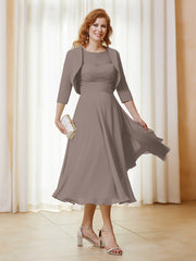 Robe de A-ligne en Mousseline et Dentelle à Col Illusion Longueur de Mollet Taupe