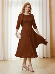 Robe de A-ligne en Mousseline et Dentelle à Col Illusion Longueur de Mollet Terracotta Grande Taille