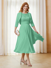 Robe de A-ligne en Mousseline et Dentelle à Col Illusion Longueur de Mollet Turquoise Grande Taille