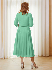 Robe de A-ligne en Mousseline et Dentelle à Col Illusion Longueur de Mollet Turquoise Grande Taille