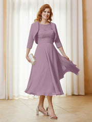 Robe de A-ligne en Mousseline et Dentelle à Col Illusion Longueur de Mollet Vintage Mauve
