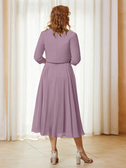 Robe de A-ligne en Mousseline et Dentelle à Col Illusion Longueur de Mollet Vintage Mauve