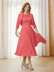 Robe de A-ligne en Mousseline et Dentelle à Col Illusion Longueur de Mollet Pastèque