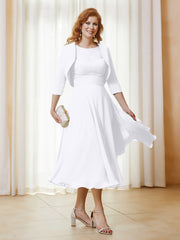 Robe de A-ligne en Mousseline et Dentelle à Col Illusion Longueur de Mollet Blanc Grande Taille