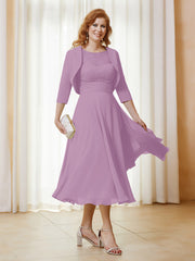 Robe de A-ligne en Mousseline et Dentelle à Col Illusion Longueur de Mollet Glycine