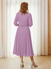 Robe de A-ligne en Mousseline et Dentelle à Col Illusion Longueur de Mollet Glycine Grande Taille