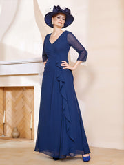 Robe de A-ligne Plissée en Mousseline Longueur au Sol Bleu Marine