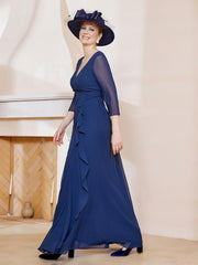 Robe de A-ligne Plissée en Mousseline Longueur au Sol Bleu Marine