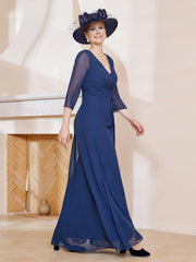 Robe de A-ligne Plissée en Mousseline Longueur au Sol Bleu Marine Grande Taille