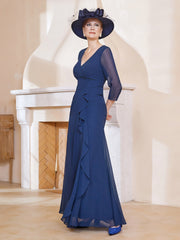 Robe de A-ligne Plissée en Mousseline Longueur au Sol Bleu Marine