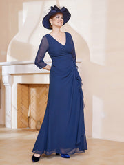 Robe de A-ligne Plissée en Mousseline Longueur au Sol Bleu Marine Grande Taille
