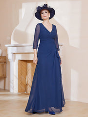 Robe de A-ligne Plissée en Mousseline Longueur au Sol Bleu Marine