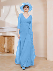 Robe de A-ligne Plissée en Mousseline Longueur au Sol Bleu Grande Taille