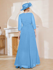 Robe de A-ligne Plissée en Mousseline Longueur au Sol Bleu Grande Taille