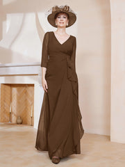 Robe de A-ligne Plissée en Mousseline Longueur au Sol Brun