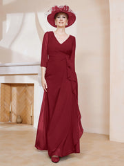 Robe de A-ligne Plissée en Mousseline Longueur au Sol Bordeaux