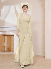 Robe de A-ligne Plissée en Mousseline Longueur au Sol Champagne