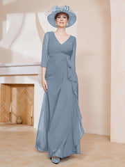 Robe de A-ligne Plissée en Mousseline Longueur au Sol Bleu Poudré Grande Taille