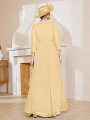 Robe de A-ligne Plissée en Mousseline Longueur au Sol Or