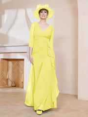 Robe de A-ligne Plissée en Mousseline Longueur au Sol Citron Grande Taille