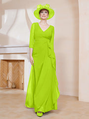 Robe de A-ligne Plissée en Mousseline Longueur au Sol Vert Citron