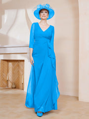 Robe de A-ligne Plissée en Mousseline Longueur au Sol Bleu Océan Grande Taille