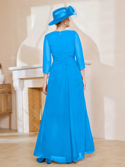 Robe de A-ligne Plissée en Mousseline Longueur au Sol Bleu Océan