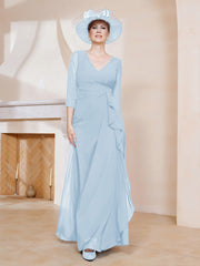 Robe de A-ligne Plissée en Mousseline Longueur au Sol Bleu Ciel