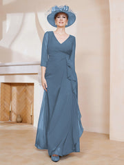 Robe de A-ligne Plissée en Mousseline Longueur au Sol Bleu de Schiste Grande Taille