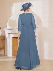 Robe de A-ligne Plissée en Mousseline Longueur au Sol Bleu de Schiste Grande Taille