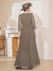 Robe de A-ligne Plissée en Mousseline Longueur au Sol Taupe