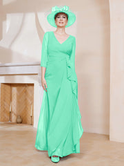 Robe de A-ligne Plissée en Mousseline Longueur au Sol Turquoise