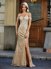 Robe de Soirée Sirène en Paillettes à Hors de l'Épaule Champagne Grande Taille