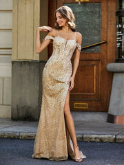 Robe de Soirée Sirène en Paillettes à Hors de l'Épaule Champagne