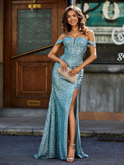 Robe de Soirée Sirène en Paillettes à Hors de l'Épaule Jade Grande Taille