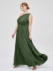 Une Epaule Mousseline Robe Demoiselle d'honneur Longue Olive Verte Grande Taille