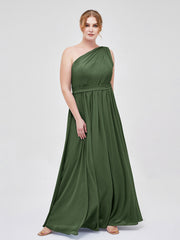 Une Epaule Mousseline Robe Demoiselle d'honneur Longue Olive Verte Grande Taille