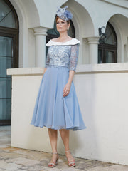 Robe en Dentelle Mousseline Longueur de Mollet Bleu Poudré