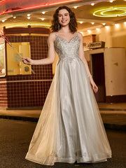 Robe de bal en tulle pailleté ligne A avec perles Champagne