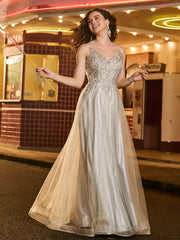 Robe de bal en tulle pailleté ligne A avec perles Champagne