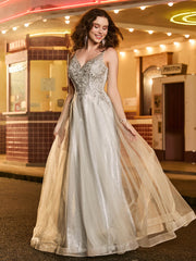 Robe de bal en tulle pailleté ligne A avec perles Champagne