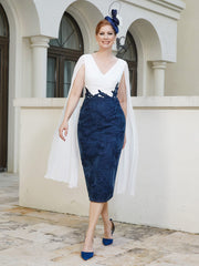 Robe Appliquée Longueur de Mollet à Col en V Bleu Marine