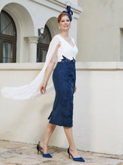 Robe Appliquée Longueur de Mollet à Col en V Bleu Marine