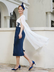 Robe Appliquée Longueur de Mollet à Col en V Bleu Marine