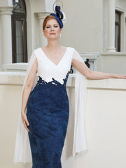 Robe Appliquée Longueur de Mollet à Col en V Bleu Marine Grande Taille